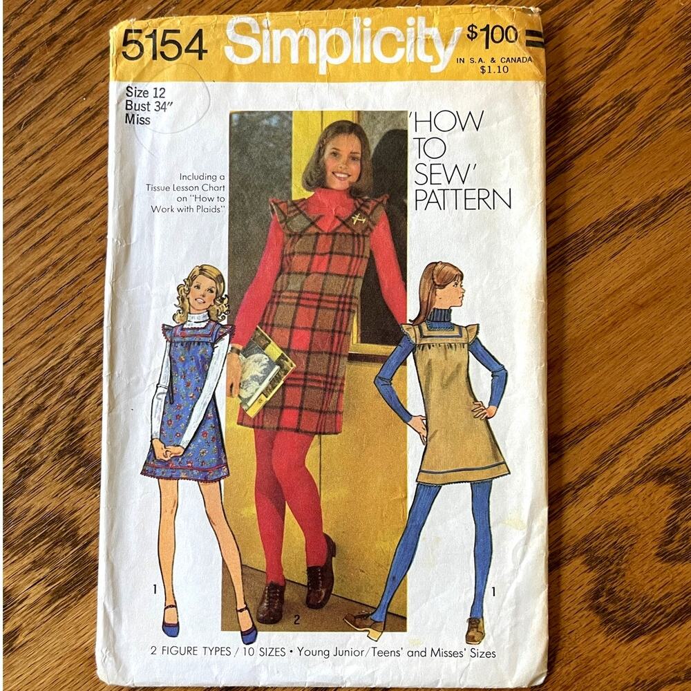 Vintage 1970s Simplicity 5154 Sewing Pattern Size S Mini Dress Jumper COMPLETE